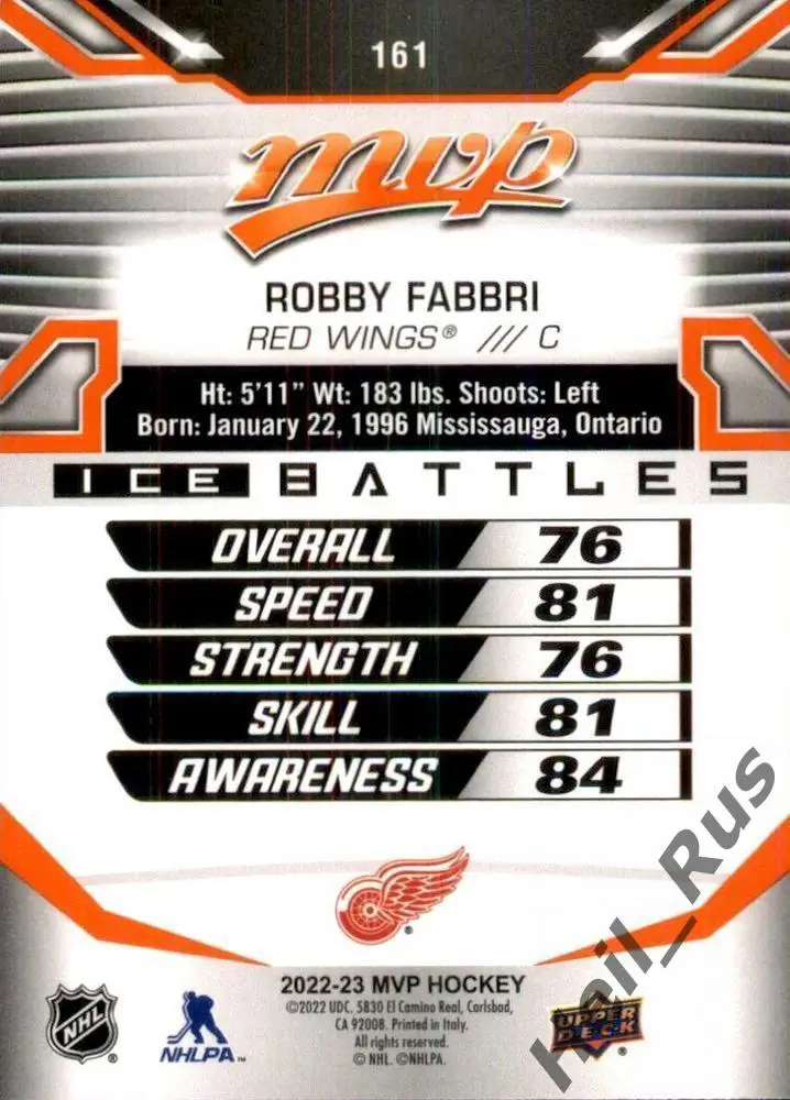 Хоккей. Карточка Robby Fabbri/Робби Фаббри (Detroit Red Wings / Детройт) НХЛ/NHL 1