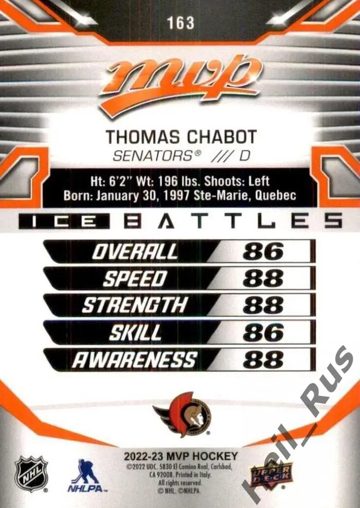 Хоккей. Карточка Thomas Chabot/Тома Шабо Ottawa Senators/Оттава Сенаторз НХЛ/NHL 1