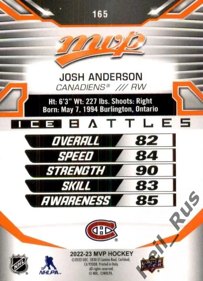 Хоккей; Карточка Josh Anderson/Джош Андерсон Montreal Canadiens/Монреаль НХЛ/NHL 1