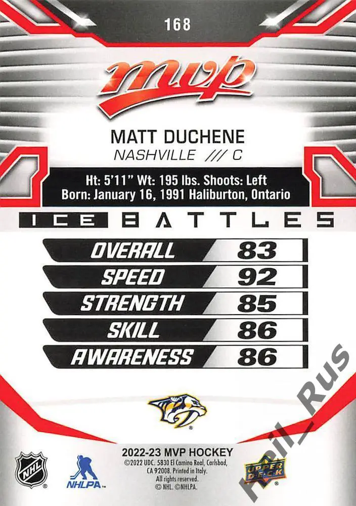 Хоккей. Карточка Matt Duchene/Мэтт Дюшен (Nashville Predators/Нэшвилл) НХЛ / NHL 1