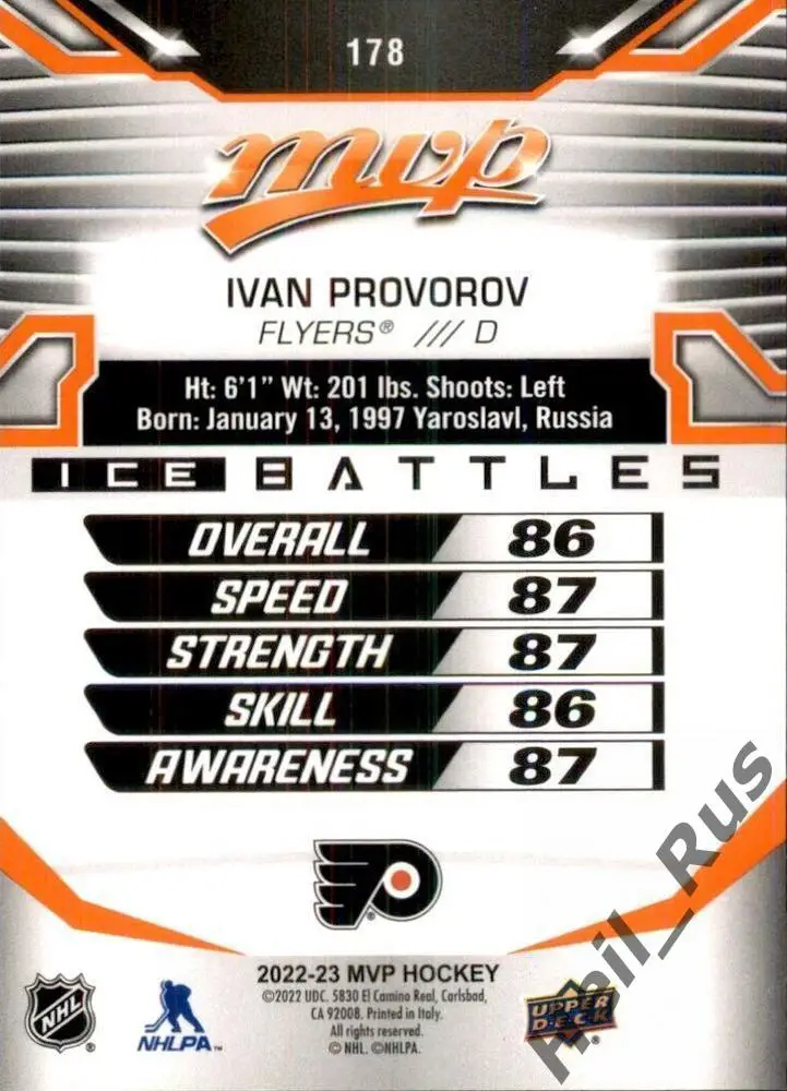 Хоккей Карточка Иван Проворов Philadelphia Flyers, Локомотив Ярославль НХЛ/NHL 1
