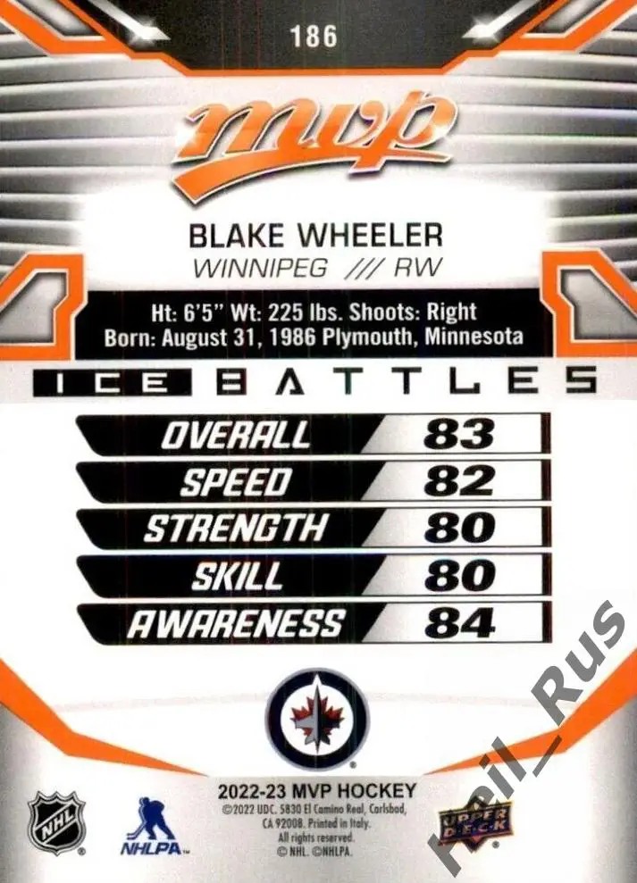 Хоккей Карточка Blake Wheeler/Блейк Уилер Winnipeg Jets/Виннипег Джетс НХЛ / NHL 1