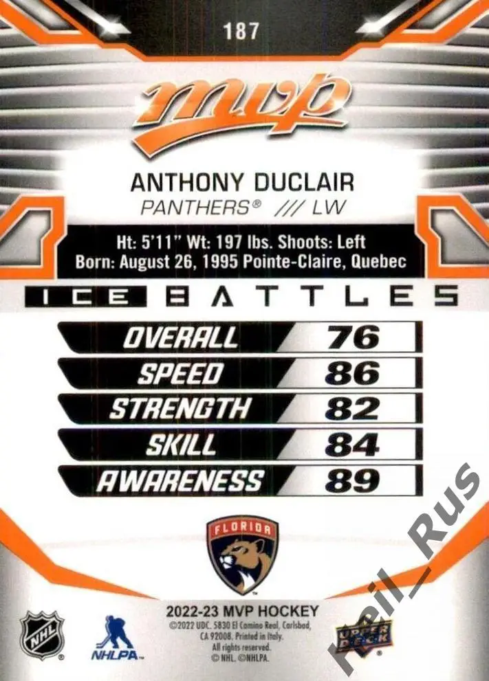 Хоккей; Карточка Anthony Duclair/Энтони Дюклер Florida Panthers/Флорида НХЛ/NHL 1