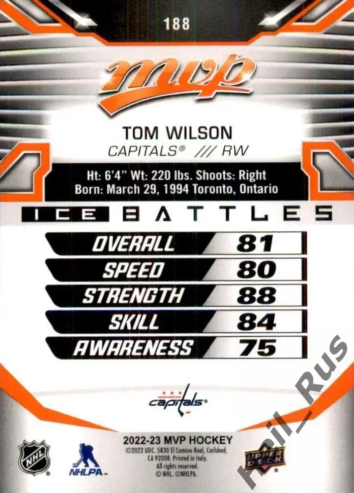 Хоккей. Карточка Tom Wilson/Том Уилсон (Washington Capitals/Вашингтон) НХЛ / NHL 1