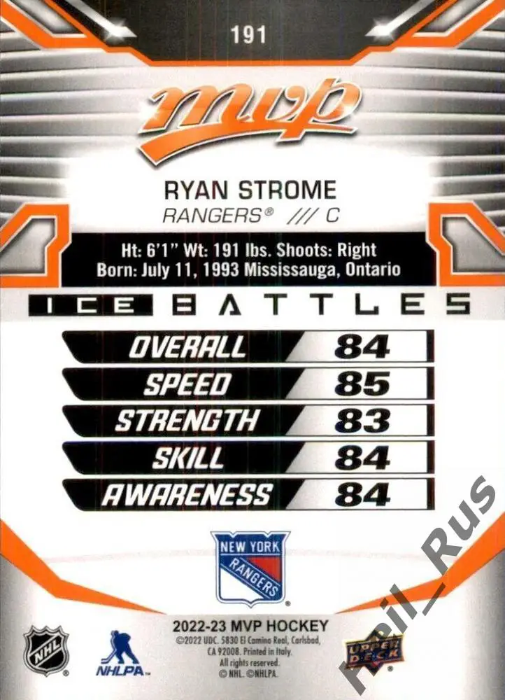 Карточка Ryan Strome/Райан Строум (New York Rangers/Нью-Йорк Рейнджерс) NHL/НХЛ 1