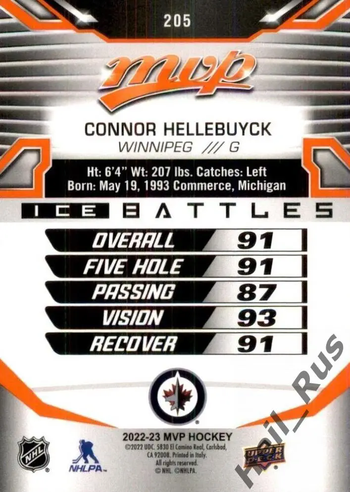 Карточка Connor Hellebuyck/Коннор Хеллебак Winnipeg Jets/Виннипег Джетс NHL НХЛ 1