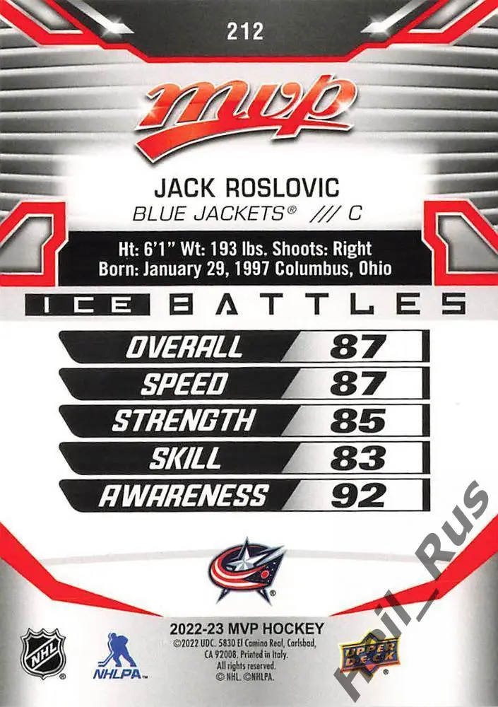 Карточка Jack Roslovic / Джек Рословик (Columbus Blue Jackets/Коламбус) НХЛ/NHL 1