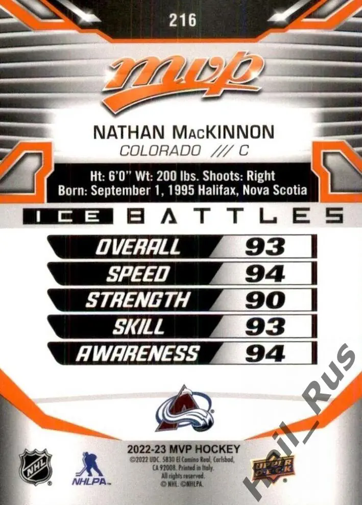 Карточка Nathan MacKinnon/Натан Маккиннон (Colorado Avalanche/Колорадо) NHL/НХЛ 1