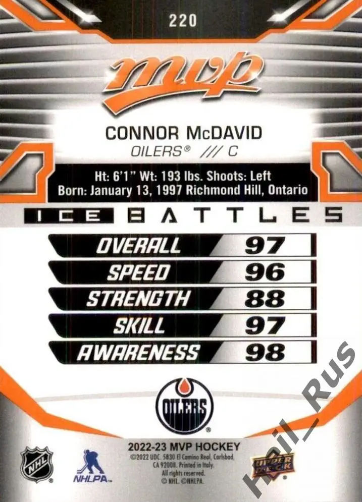 Хоккей. Карточка Connor McDavid/Коннор Макдэвид Edmonton Oilers/Эдмонтон NHL НХЛ 1