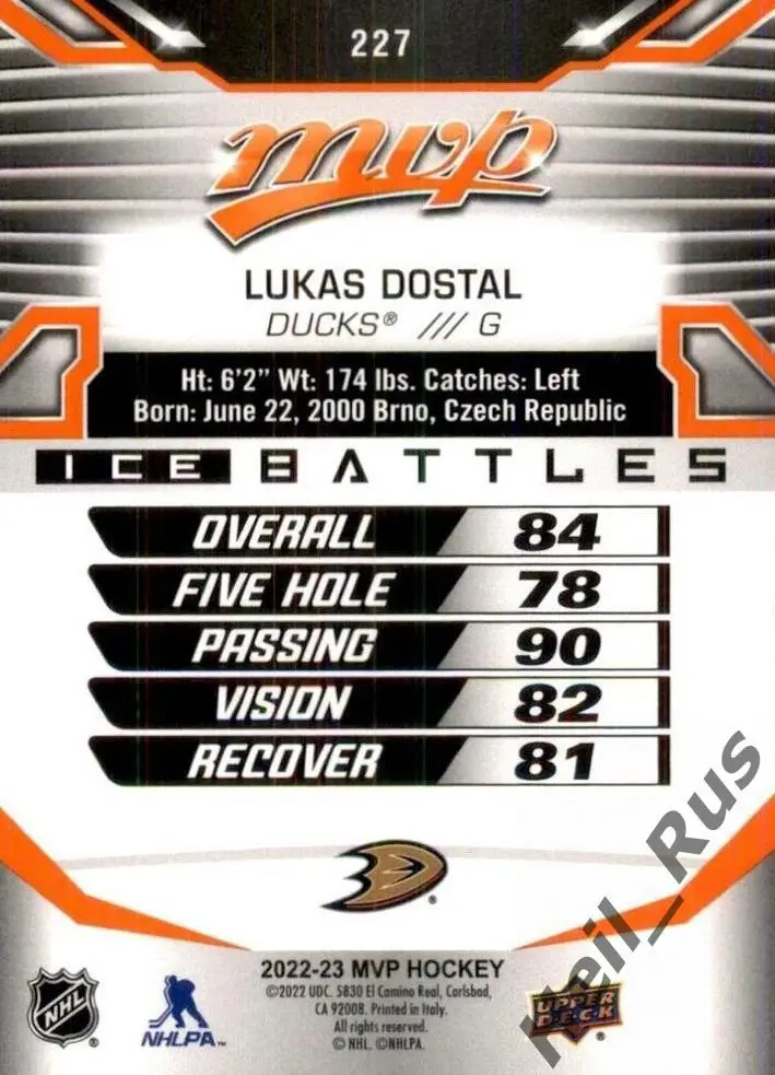 Хоккей. Карточка Lukas Dostal/Лукаш Достал (Anaheim Ducks/Анахайм Дакс) НХЛ/NHL 1