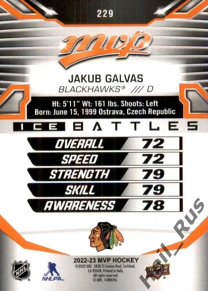 Хоккей. Карточка Jakub Galvas/Якуб Галвас (Chicago Blackhawks/Чикаго) НХЛ/NHL 1