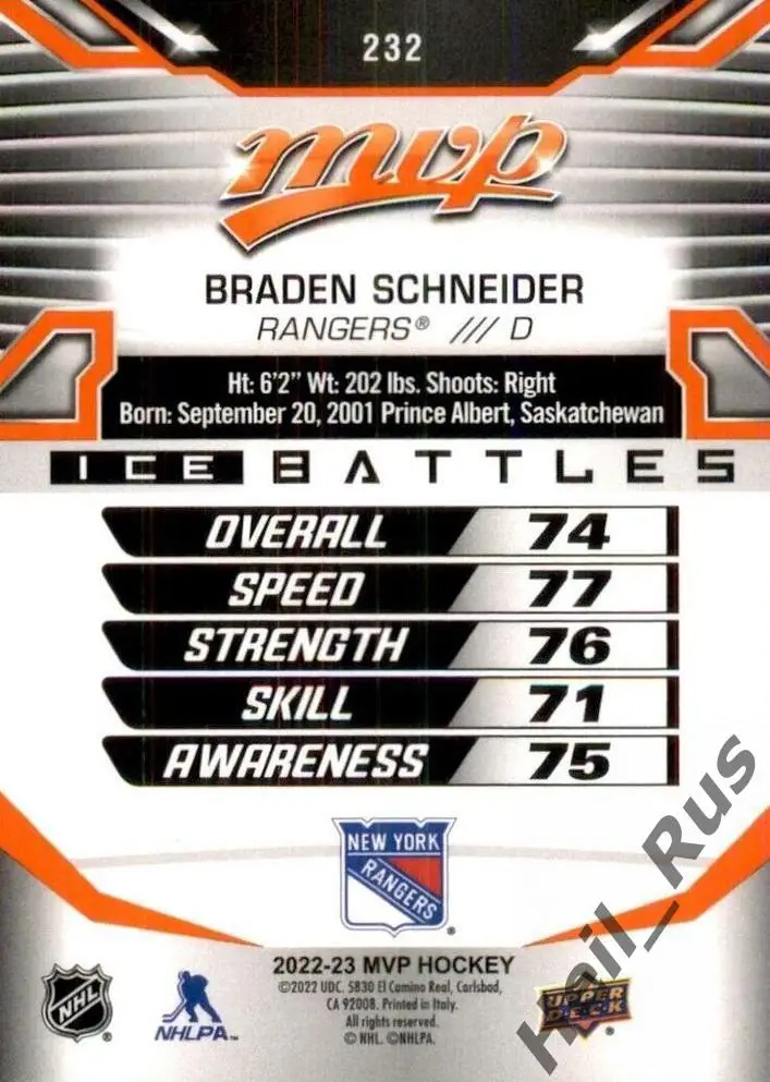 Карточка Braden Schneider/Брэйден Шнайдер (New York Rangers/Рейнджерс) НХЛ/NHL 1