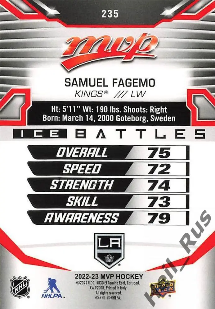 Карточка Samuel Fagemo/Самуэль Фагемо (Los Angeles Kings/Лос-Анджелес) НХЛ/NHL 1