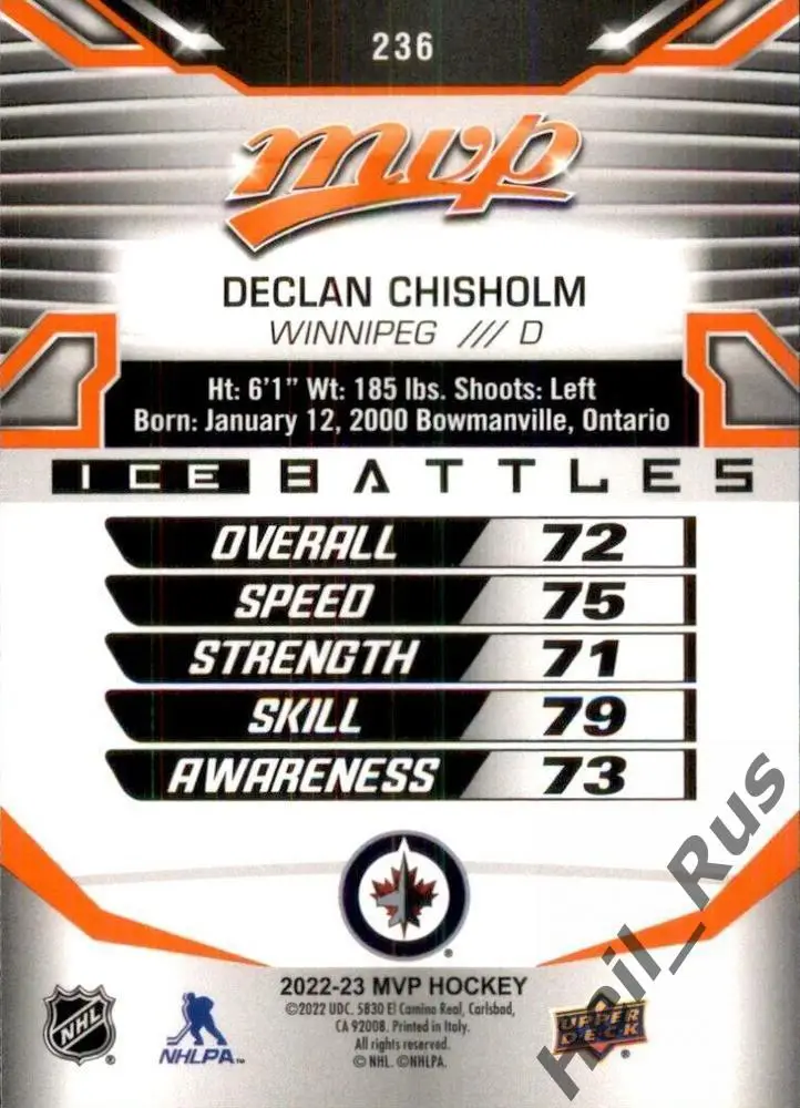 Хоккей. Карточка Declan Chisholm/Деклан Чисхольм Winnipeg Jets/Виннипег НХЛ/NHL 1