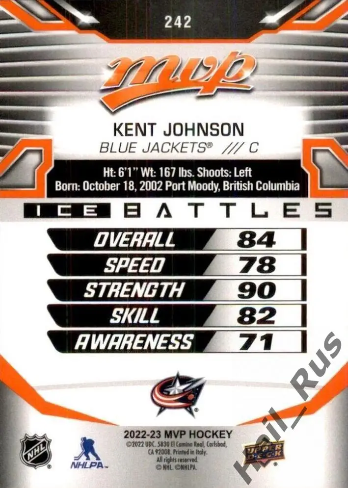 Хоккей Карточка Kent Johnson/Кент Джонсон Columbus Blue Jackets/Коламбус НХЛ/NHL 1