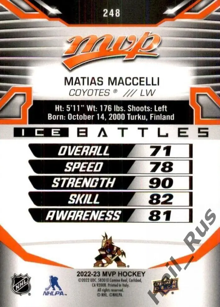Хоккей. Карточка Matias Maccelli/Матиас Маччелли Arizona Coyotes/Аризона НХЛ/NHL 1