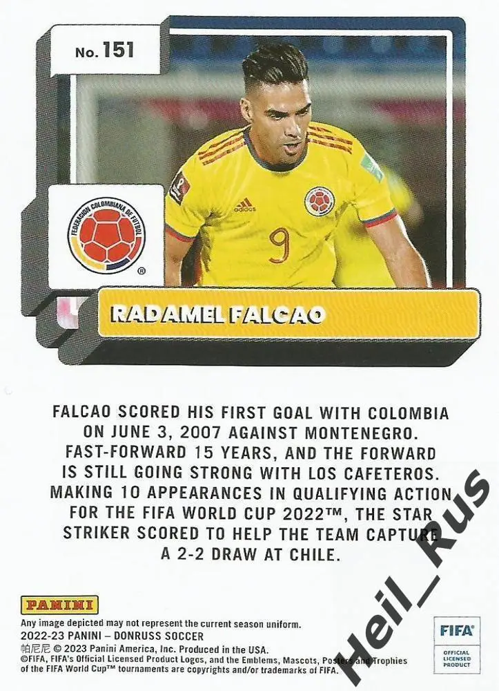 Футбол. Карточка Радамель Фалькао Колумбия/Монако/Атлетико Мадрид Panini 2022-23 1