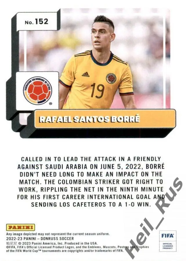Футбол. Карточка Рафаэль Сантос Борре (Колумбия, Айнтрахт, Ривер Плейт) Panini 1