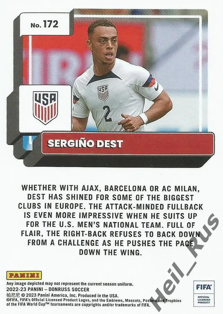 Футбол Карточка Сержиньо Дест (USA/США, Барселона/Милан/Аякс/ПСВ) Panini 2022-23 1