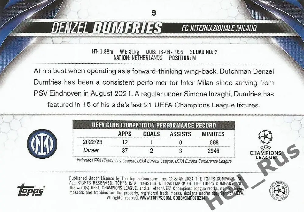 Футбол. Карточка Denzel Dumfries/Дензел Дюмфрис (Интер) Лига Чемпионов 2023-24 1