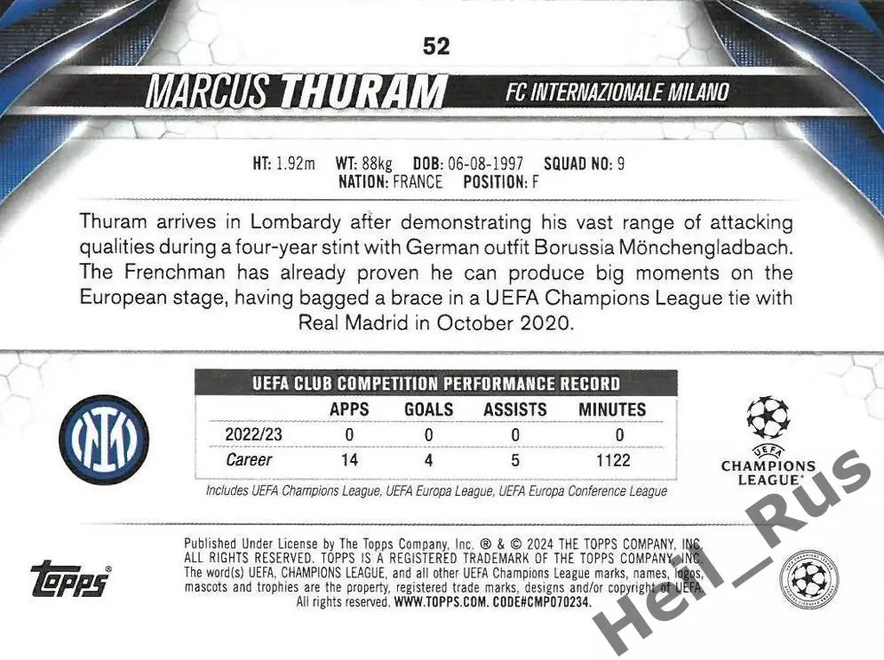Футбол. Карточка Marcus Thuram/Маркус Тюрам (Интер) Лига Чемпионов 2023-24 TOPPS 1