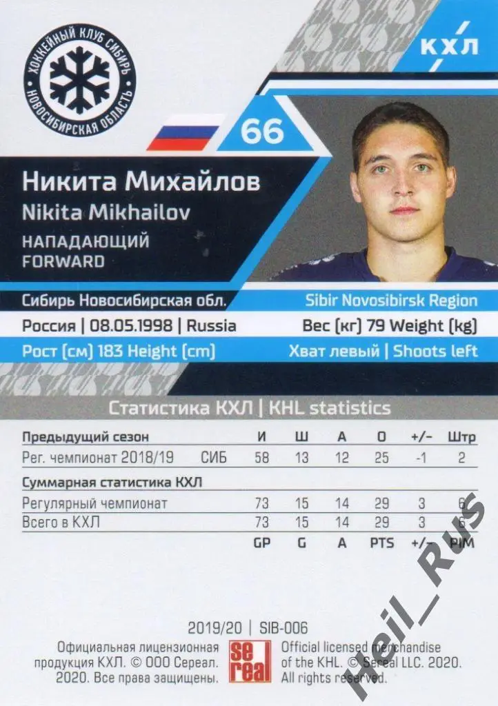 Хоккей. Карточка Никита Михайлов (Сибирь Новосибирск) КХЛ сезон 2019/20 SeReal 1