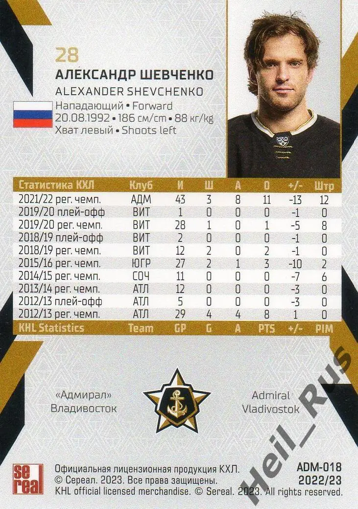 Хоккей. Карточка Александр Шевченко Адмирал Владивосток КХЛ сезон 2022/23 SeReal 1