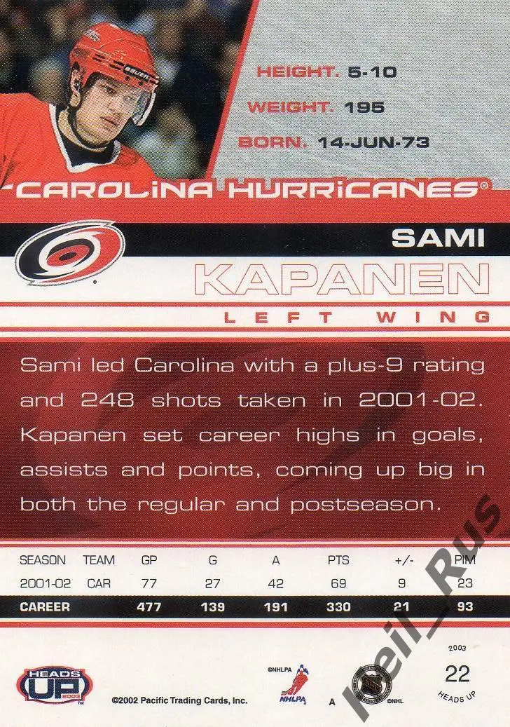 Хоккей Карточка Sami Kapanen/Сами Капанен (Carolina Hurricanes/Каролина) НХЛ/NHL 1