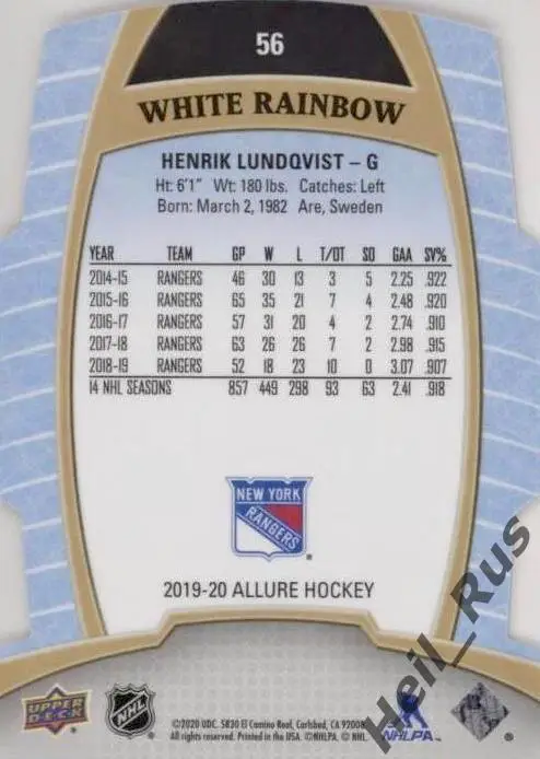 Карточка Lundqvist/Хенрик Лундквист New York Rangers/Нью-Йорк Рейнджерс, НХЛ/NHL 1