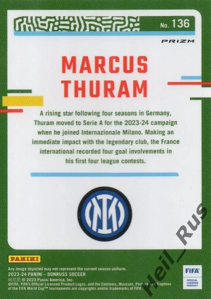 Футбол. Карточка Marcus Thuram/Маркус Тюрам Интер, Боруссия Менхенгладбах Panini 1