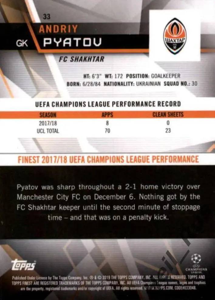 Футбол. Карточка Андрей Пятов Шахтер Донецк/Ворскла Лига Чемпионов 2018/19 TOPPS 1