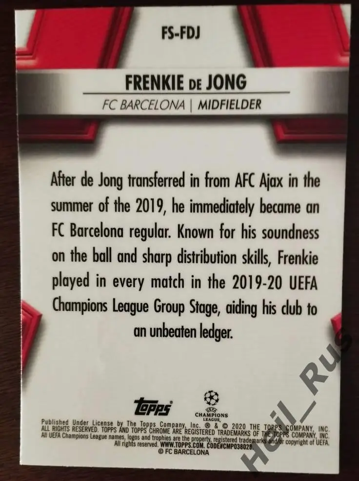 Футбол. Карточка Френки де Йонг (Барселона, Аякс) Лига Чемпионов 2019/20 TOPPS 1