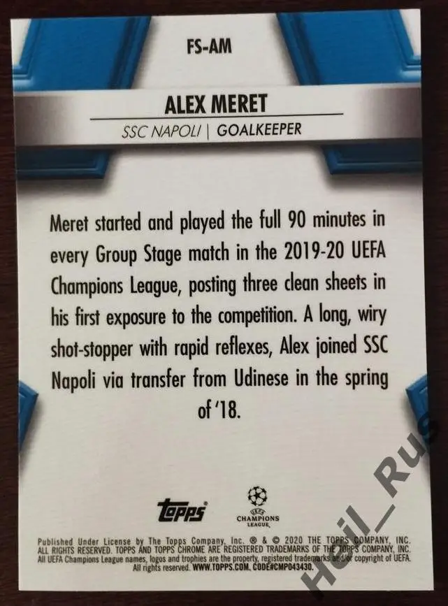 Футбол. Карточка Alex Meret/Алекс Мерет (Наполи) Лига Чемпионов 2019/20 TOPPS 1