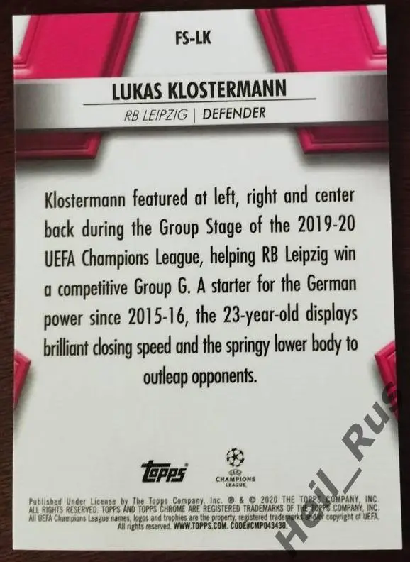 Футбол. Карточка Лукас Клостерманн (РБ Лейпциг) Лига Чемпионов 2019/20 TOPPS 1