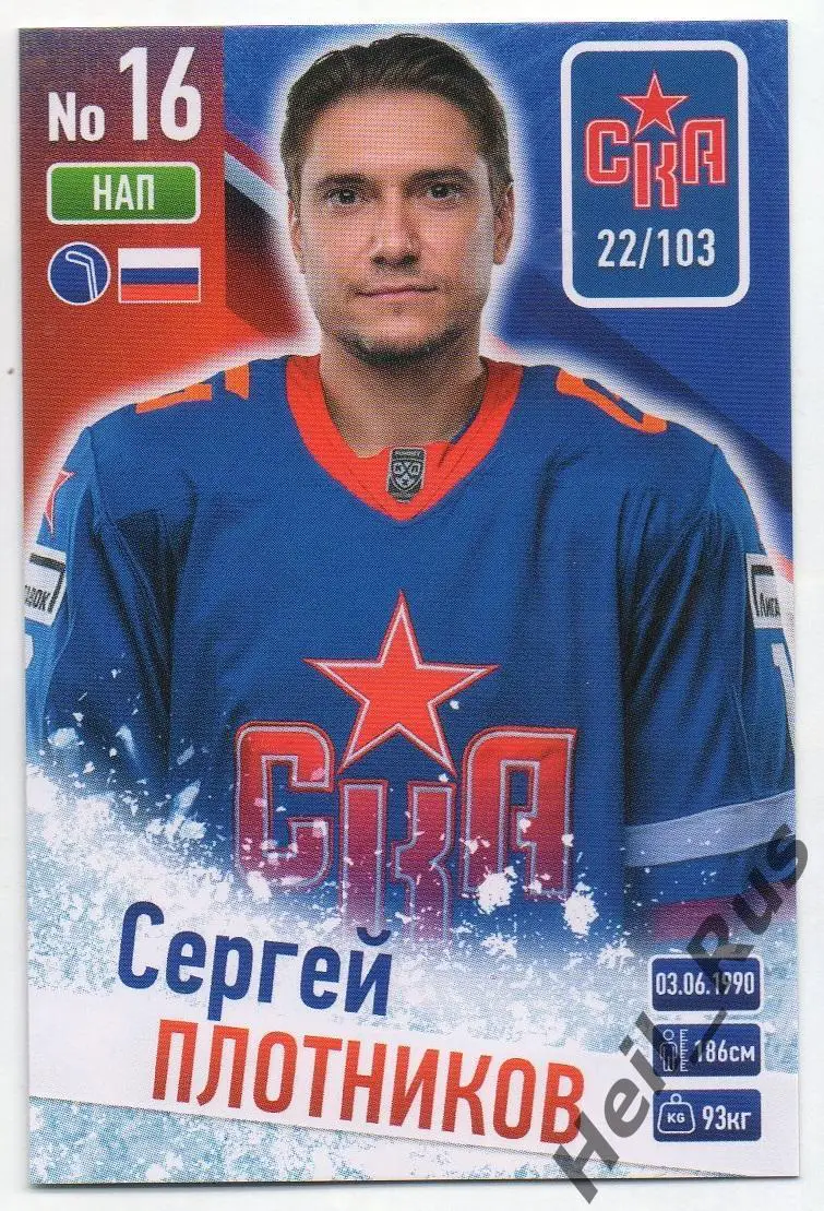 Хоккей. Карточка Сергей Плотников (СКА Санкт-Петербург) КХЛ / KHL сезон 2024/25