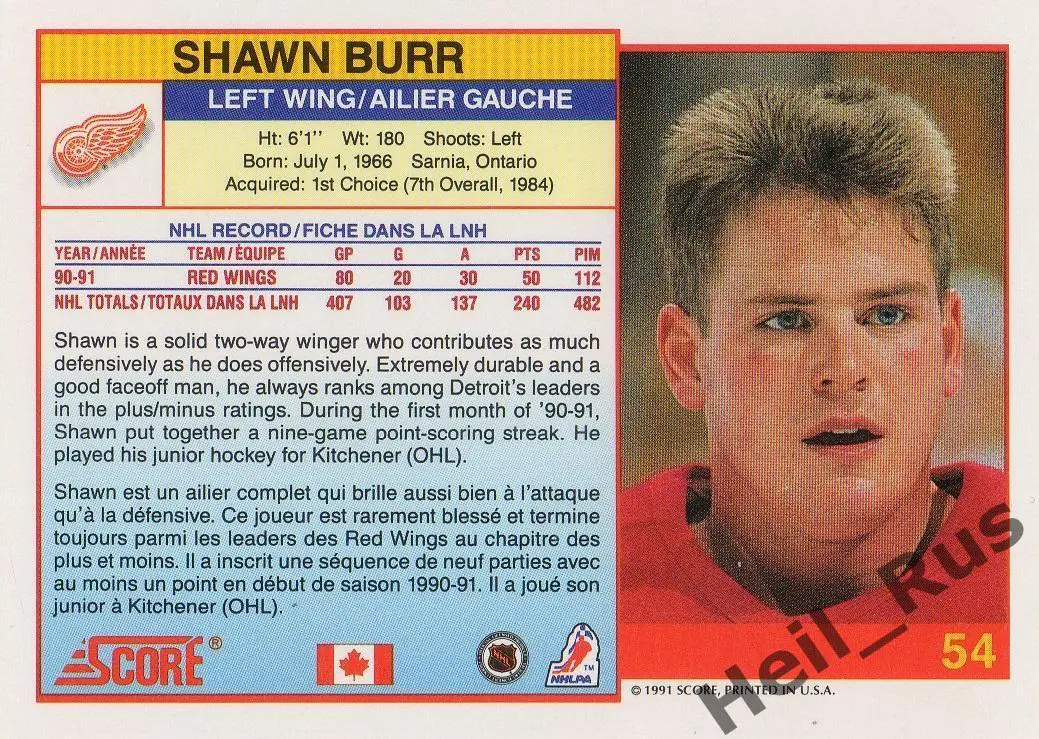 Хоккей Карточка Shawn Burr/Шон Бурр Detroit Red Wings/Детройт Ред Уингз, НХЛ/NHL 1