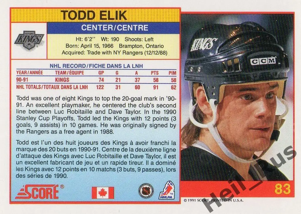 Хоккей Карточка Todd Elik/Тодд Элик Los Angeles Kings/Лос-Анджелес Кингз NHL/НХЛ 1