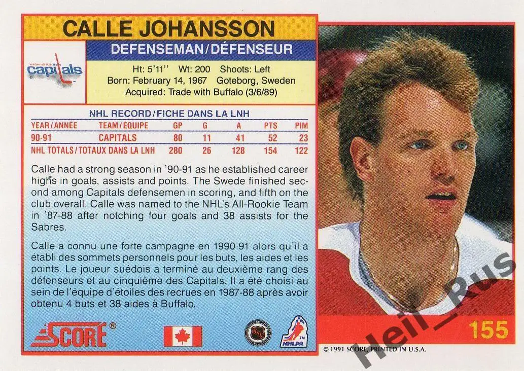 Карточка Calle Johansson/Калле Юханссон (Washington Capitals/Вашингтон) NHL/НХЛ 1