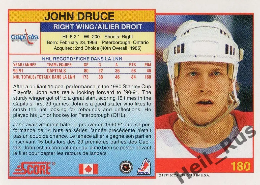 Хоккей. Карточка John Druce / Джон Дрюс (Washington Capitals/Вашингтон) НХЛ/NHL 1