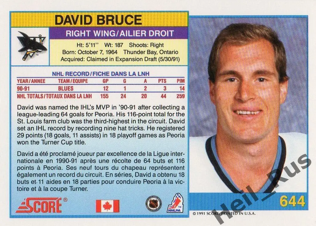 Хоккей. Карточка David Bruce/Дэвид Брюс (San Jose Sharks/Сан-Хосе Шаркс) НХЛ/NHL 1