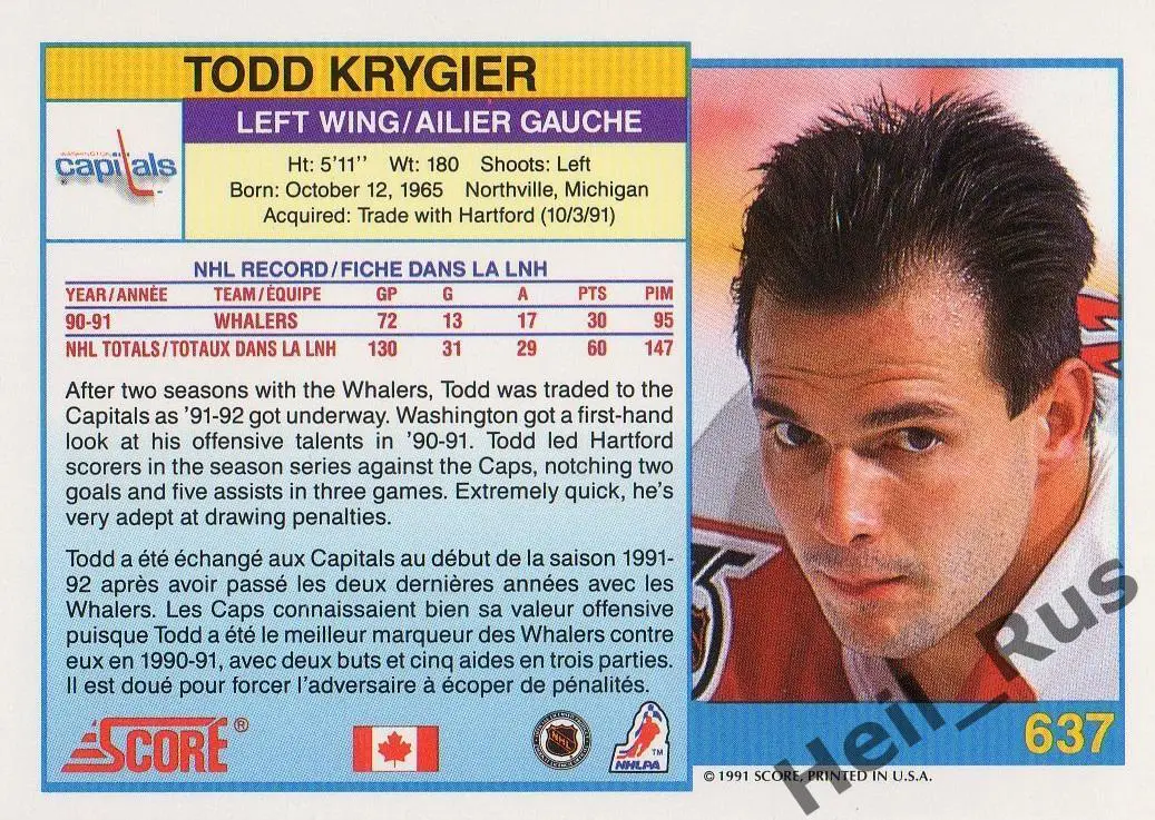 Хоккей. Карточка Todd Krygier/Тодд Крюгер Washington Capitals/Вашингтон НХЛ/NHL 1
