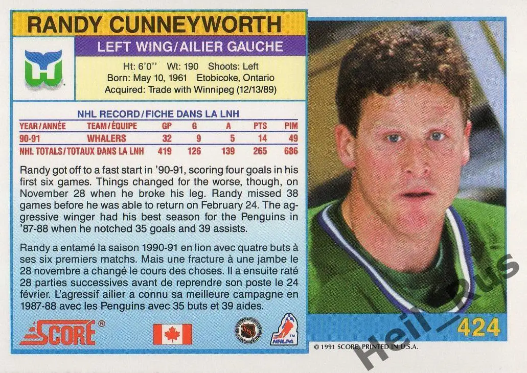 Карточка Randy Cunneyworth/Рэнди Канниворт (Hartford Whalers / Хартфорд) НХЛ/NHL 1