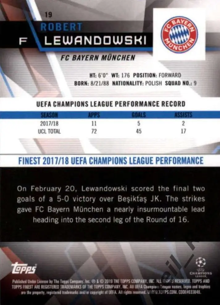 Карточка Роберт Левандовский (Бавария Мюнхен, Барселона) Лига Чемпионов 2018/19 1