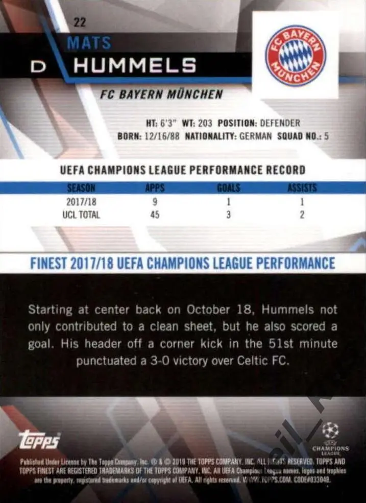 Карточка Матс Хуммельс Бавария Мюнхен, Боруссия Дортмунд Лига Чемпионов 2018/19 1