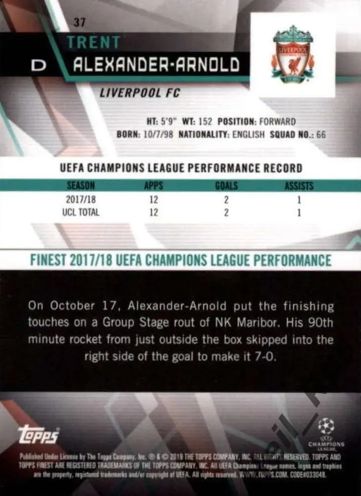 Футбол. Карточка Трент Александер-Арнольд Ливерпуль Лига Чемпионов 2018/19 TOPPS 1