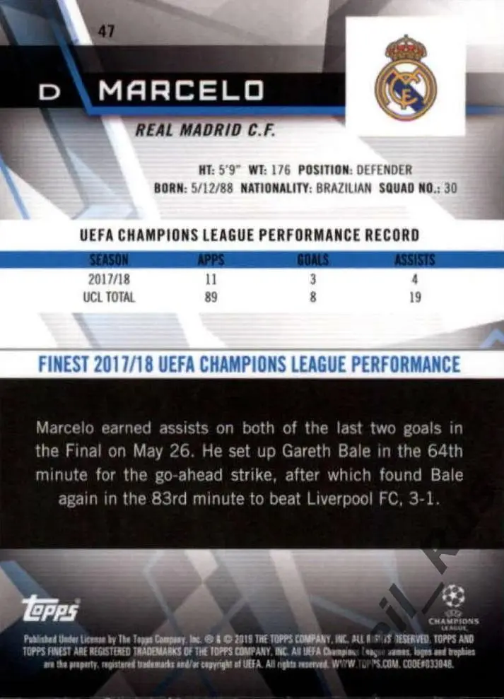 Футбол. Карточка Marcelo/Марсело (Реал Мадрид) Лига Чемпионов 2018/19 TOPPS 1