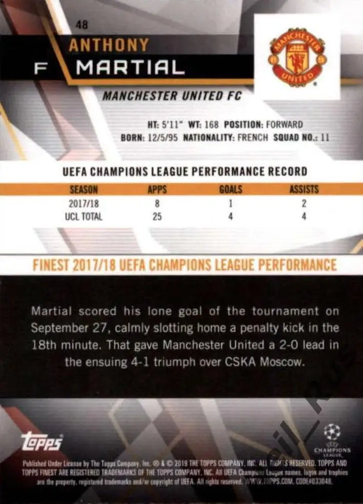 Футбол Карточка Антони Марсьяль Манчестер Юнайтед, Монако Лига Чемпионов 2018/19 1