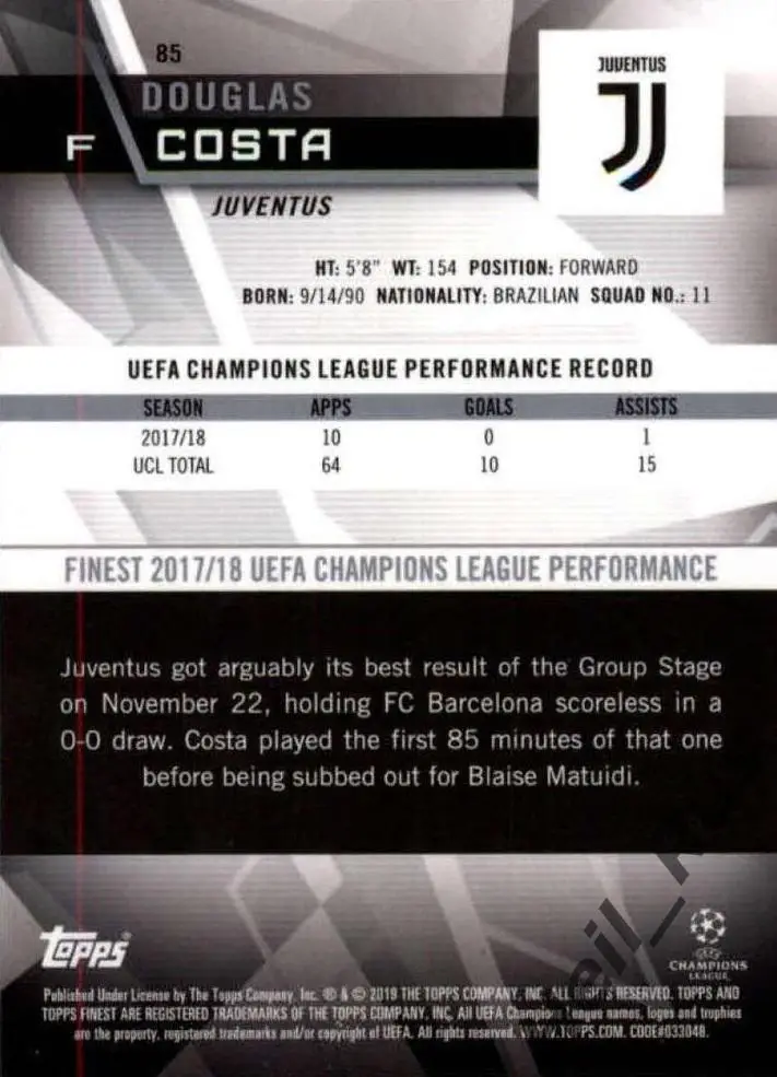 Футбол. Карточка Дуглас Коста (Ювентус, Бавария, Шахтер) Лига Чемпионов 2018/19 1