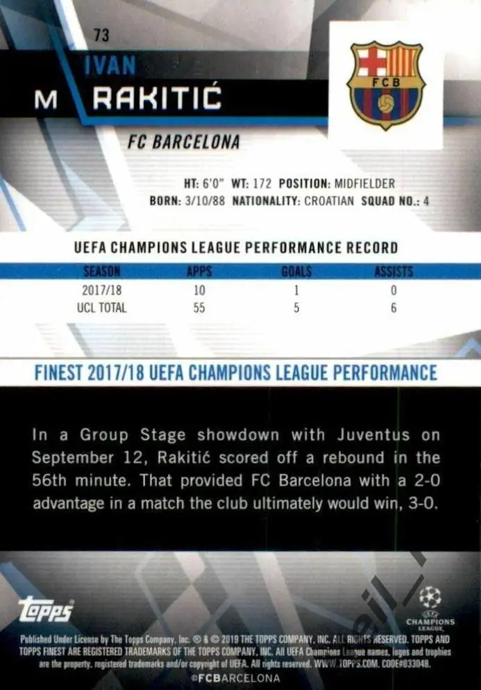 Футбол. Карточка Иван Ракитич Барселона/Шальке 04/Севилья Лига Чемпионов 2018/19 1