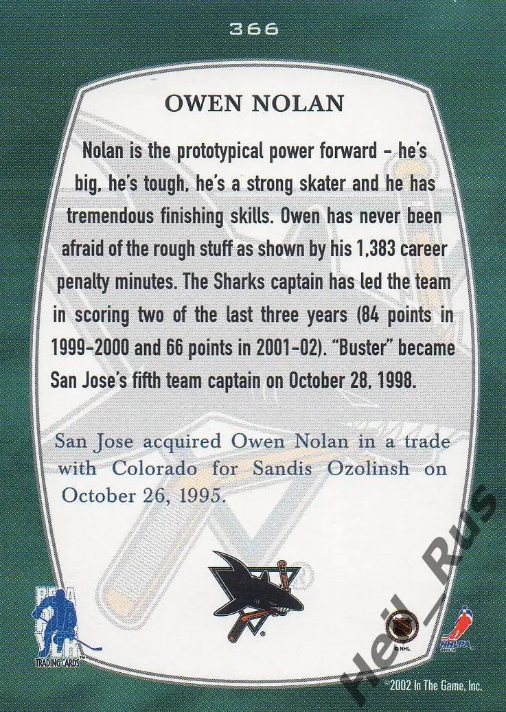 Хоккей; Карточка Owen Nolan/Оуэн Нолан (San Jose Sharks/Сан-Хосе Шаркс) НХЛ/NHL 1
